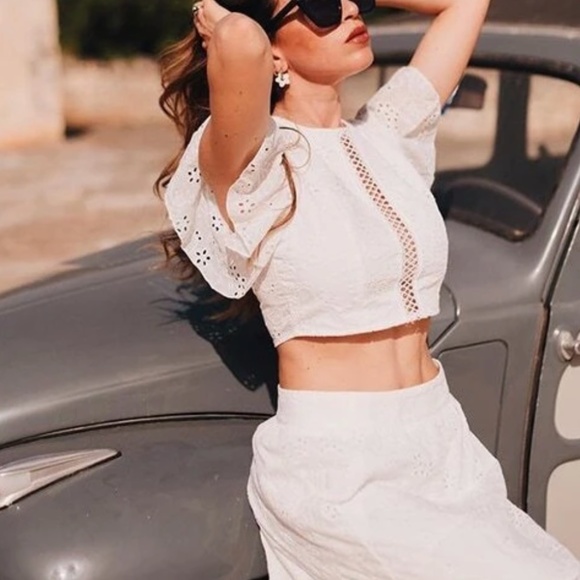 White Eyelet Embroidery 2 Piece Set Crop Top and Long Skirt - Picture 8 of 10